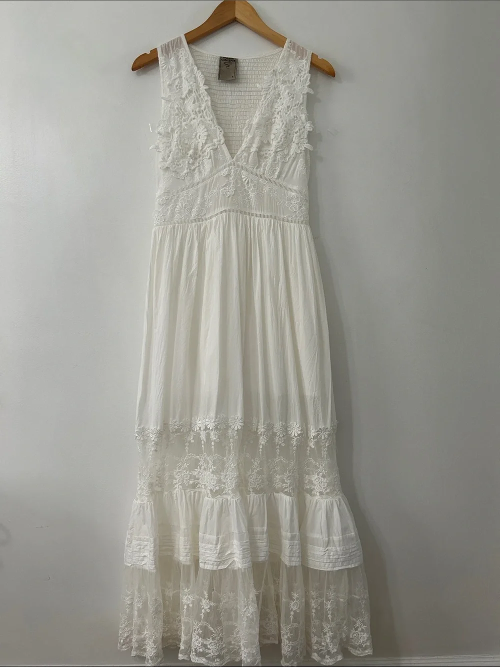 White Lace Bohemian Maxi Dress Tiered Smocked Empire Waist Embroidered Bridal - Picture 1 of 16